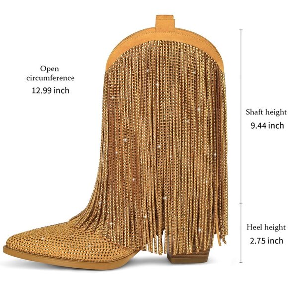Women's Yellow Rhinestone Sparkly Fringe Chunky Heel Pointed Toe Ankle Boots - Picture 6 of 7